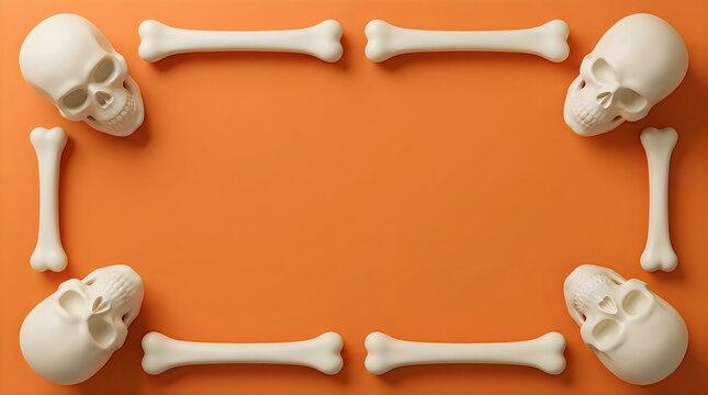 Human skulls and bones arranged as a decorative frame on a bright orange background for halloween