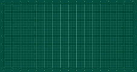 Green cutting mat with measurement grid and scale. Self healing cutting mat texture with metric ruler markings. Vector background for crafting, sewing, quilting and design workspace. © marruu