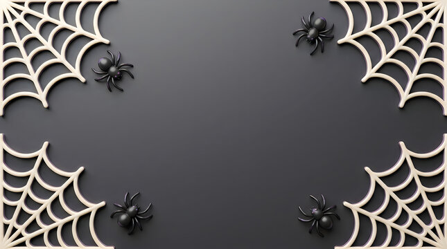 Spooky spider web corners with small black spiders on a dark grey background for halloween