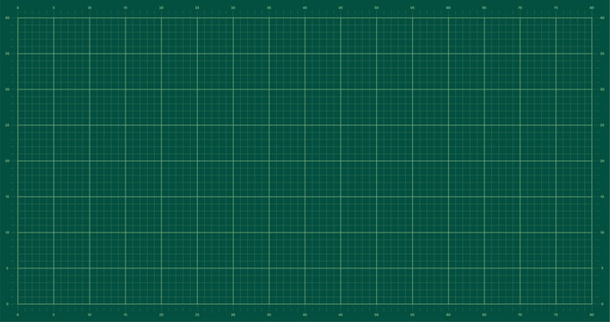 Green cutting mat with measurement grid and scale. Self healing cutting mat texture with metric ruler markings. Vector background for crafting, sewing, quilting and design workspace.