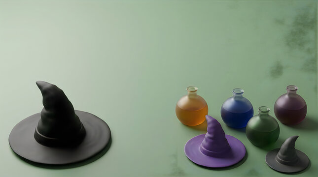 Black and purple witch hats with colorful magic potion bottles on a soft green textured surface