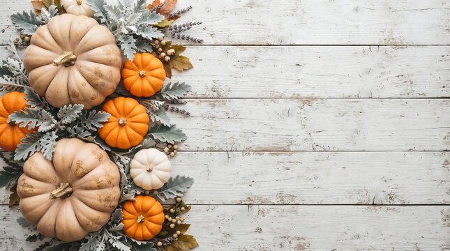 Flatlay composition of autumn pumpkins and decorative dusty miller leaves arranged on a rustic white painted wooden background for seasonal projects