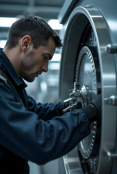 Security officer disarming high-security vault mid-motion