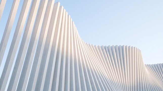 Abstract architectural exterior featuring white vertical fins arranged in a wavy geometric pattern