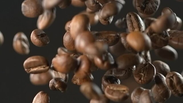 Coffee beans falling through the air in slow motion