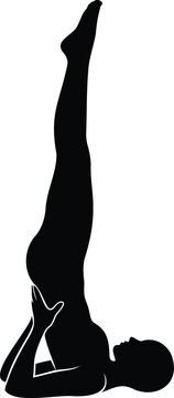 Black silhouette of person in yoga shoulder stand pose against white background, yoga pose