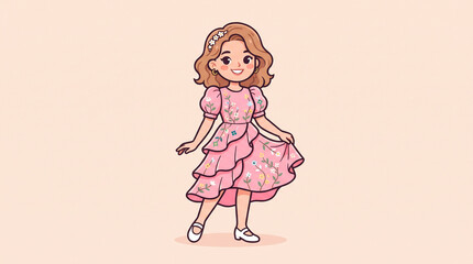 Fototapeta premium Cute young american woman in light pink floral knee length dress with puffed sleeves cartoon mascot vector illustration with bold outlines on light background
