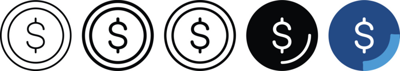 Fototapeta premium Dollar Coin Icon Set Vector Money Symbol Currency Cash Finance Outline Flat Circle Sign Collection For Business App
