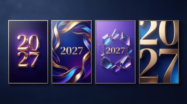 Four distinct rectangular posters displaying the year 2027 in gold metallic typography on dark blue and purple backgrounds