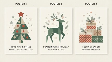 Fototapeta premium Three christmas posters featuring a geometric tree, a stylized reindeer, and stacked gift boxes in a minimalist style