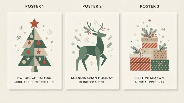 Three christmas posters featuring a geometric tree, a stylized reindeer, and stacked gift boxes in a minimalist style