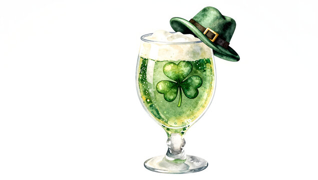 St. Patrick's Day Brew: A festive green beverage adorned with a shamrock and a tiny leprechaun hat, celebrating Irish culture and good fortune.