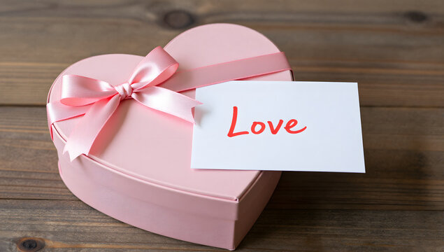 Heart-Shaped Gift Box with Love Card: A charming pink heart-shaped gift box, adorned with a satin ribbon bow, sits on a rustic wooden surface.