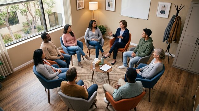Diverse group of people attending a therapy session in a circle with a facilitator