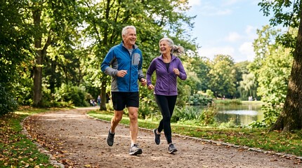 Fototapeta premium Happy senior couple jogging together on a park path during a sunny day enjoying outdoor activity and healthy lifestyle