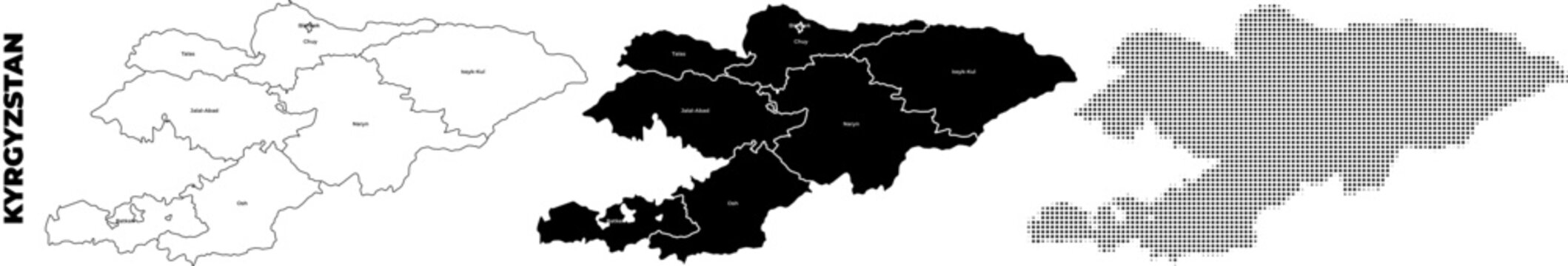 Kyrgyzstan Map Set Vector Silhouette Outline Halftone Graphic