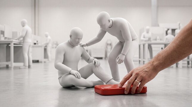 Human hand pressing red button while humanoid robots sit and stand in white room background with intelligence interaction artificial technology cybernetic automation with genderless