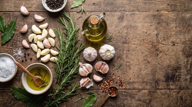 Culinary Ingredients Overhead: A rustic wooden table is adorned with a vibrant array of fresh culinary ingredients, including garlic, rosemary, olive oil, salt, and pepper.