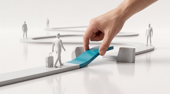 A hand placing a blue bridge segment to connect a path for a traveling person with hand connects fragmented figure carrying luggage bridge piece small human hand facilitation