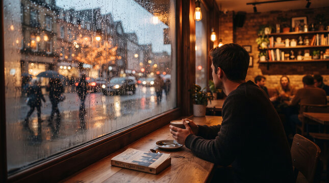 Young man sits in cozy cafe looking through rain streaked window at blurry city lights of London street during autumn evening for lifestyle and solitude themes.