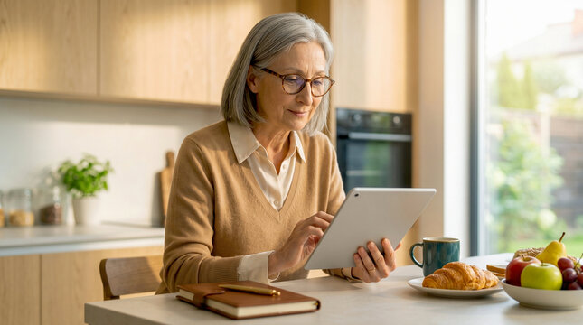 Senior woman using a digital tablet at the kitchen table during breakfast, illustrating technology, online communication, independent living, retirement lifestyle, active aging 