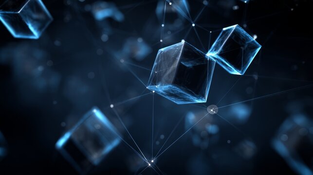 Transparent glass cubes connected by glowing network lines on dark background. Blockchain and connected objects network concept. Digital data exchange and future technology visualization system