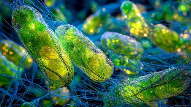 Glowing green capsule connected by blue fiber network. Abstract interconnected object system and data link concept. Digital communication and internet of thing technology visualization
