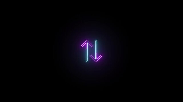 Glowing neon vertical direction arrows symbol against dark background an sign featuring upward and downward