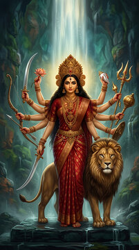 Powerful goddess durga standing beside lion under mystical waterfall with multiple arms divine weapons celebrating durga puja and navratri spiritual indian artwork
