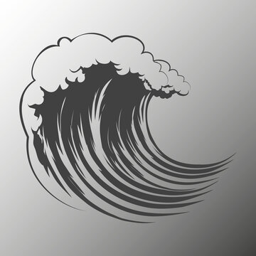 Stylized ocean wave illustration, black and white sea surf graphic, minimalist cresting water wave art, nautical design element