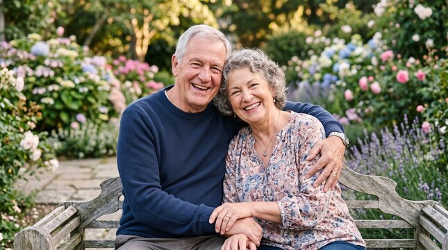 Happy senior couple embracing on a park bench surrounded by blooming flowers and lush greenery