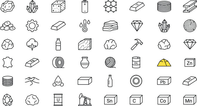 Industrial raw materials line icon set featuring minerals metals oil energy chemicals crystals ores and metallurgy vector elements