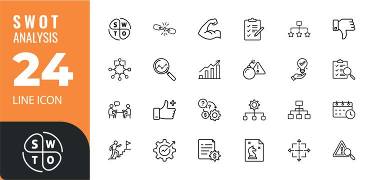 SWOT Analysis Icon Set, SWOT Analysis Line Icons, Strength, Weakness, Opportunity