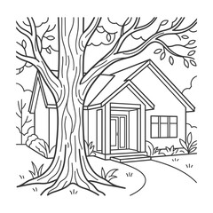 Naklejka premium Classic suburban house framed by a large detailed tree vector illustration for real estate marketing with property management house investment property listing corporate services business growth