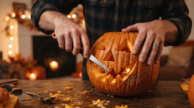 Person carving a pumpkin for Halloween decoration at home