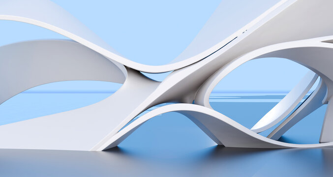 Abstract futuristic white architectural structure with smooth organic flowing curves against a clear blue sky, demonstrating minimalist design and modern parametric style for construction concepts