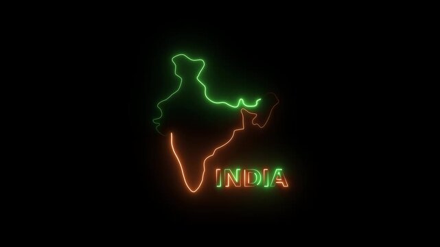 Glowing neon INDIA MAP animation with blue and Saffron color on black background. Free and premium.