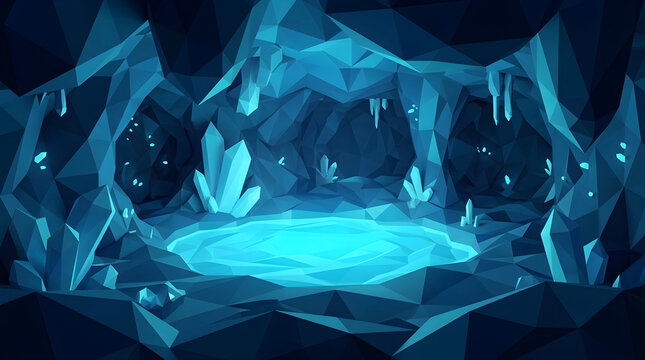 Low poly ice cave with glowing blue pond. Geometric crystal cavern background. Abstract frozen underground grotto for gaming.