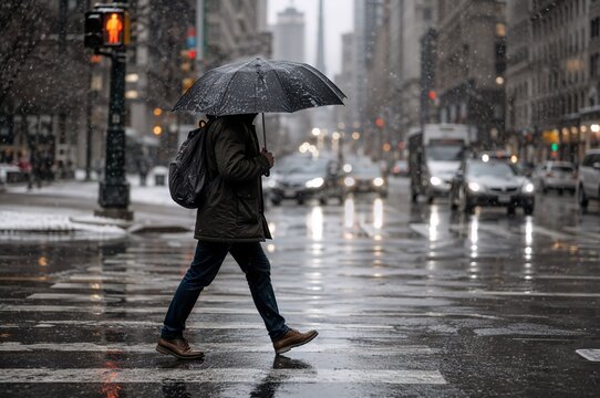 Man with backpack walking under umbrella crossing wet city street during snowfall. Commuter heading to work in bad winter weather. Urban life and rainy day commute concept.