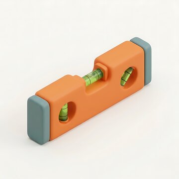 Isometric 3D render of a construction spirit level tool with orange body and green liquid vials