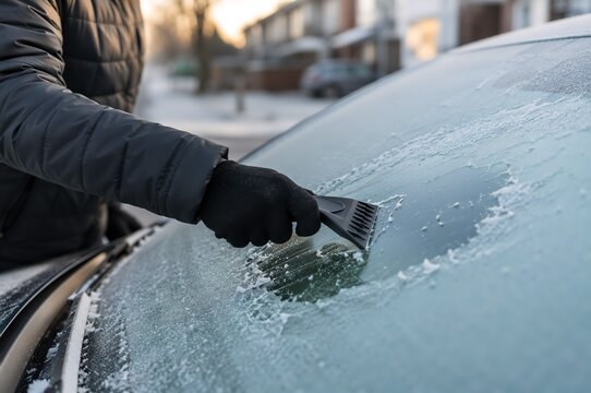 Man scraping ice from car windshield with scraper on frosty winter morning. Commuter removing frost from frozen glass before driving to