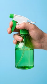 Green plastic spray bottle held by hand against blue background wall.