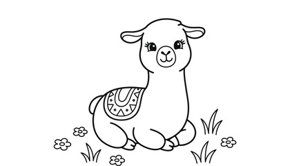 Fototapeta premium Cute alpaca sitting in grass vector coloring page