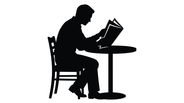Man reading newspaper at table black silhouette