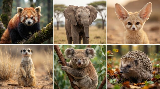 Wildlife species collage featuring cute endangered animals for environmental day