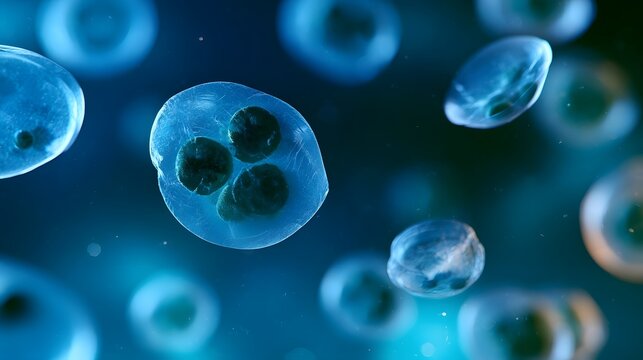 A cluster of translucent spherical organisms with dark internal structures floats in a deep blue aquatic environment