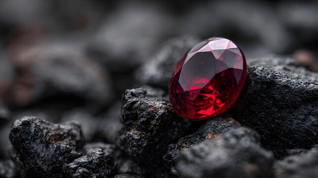 Close-up red faceted gemstone resting on dark coal stones