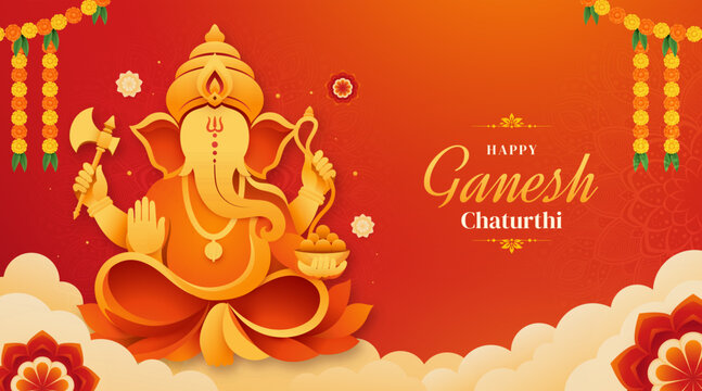 Happy Ganesh Chaturthi Festival Background with Lord Ganesha and Traditional Indian Floral Decoration