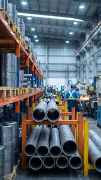 Metal pipes stacked on shelves inside industrial warehouse manufacturing plant.