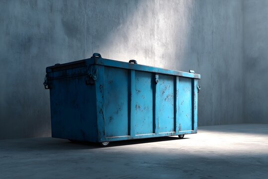 rusted blue waste bin illuminated by a shaft of light in warehouse